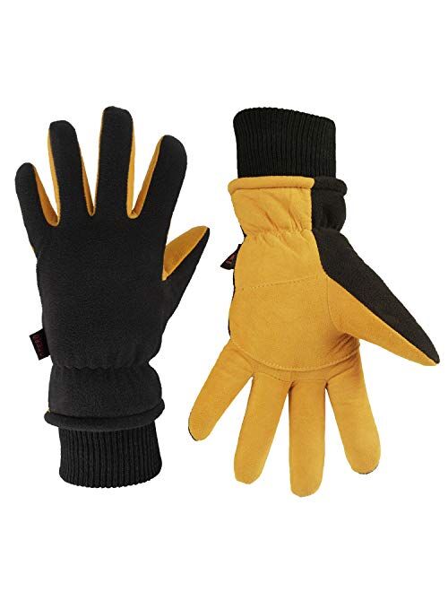 OZERO Winter Gloves Deerskin Suede Leather Palm with Big Patch - Water-Resistant Windproof Insulated Work Glove for Driving Cycling Hiking Snow Skiing - Thermal Gifts for