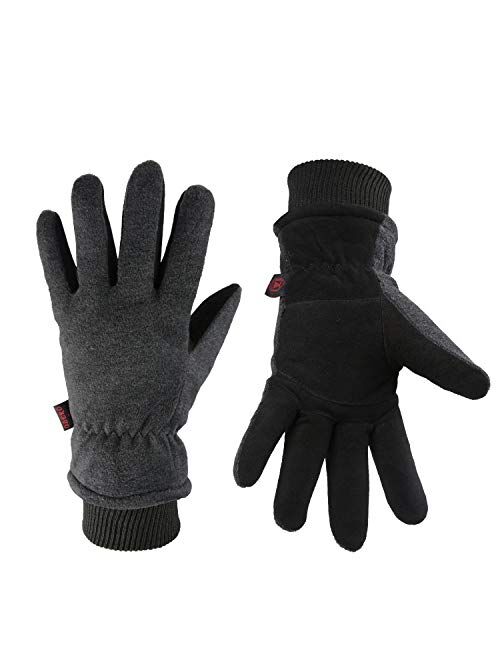 OZERO Winter Gloves Deerskin Suede Leather Palm with Big Patch - Water-Resistant Windproof Insulated Work Glove for Driving Cycling Hiking Snow Skiing - Thermal Gifts for