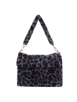 Women Leopard Print Clutch Handbag Plush Faux Fur Tote Bag Soft Warm Shoulder Crossbody Purse