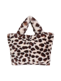 Women Leopard Print Clutch Handbag Plush Faux Fur Tote Bag Soft Warm Shoulder Crossbody Purse