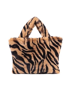 Women Leopard Print Clutch Handbag Plush Faux Fur Tote Bag Soft Warm Shoulder Crossbody Purse