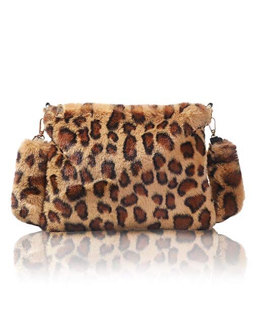 Women Leopard Print Clutch Handbag Plush Faux Fur Tote Bag Soft Warm Shoulder Crossbody Purse