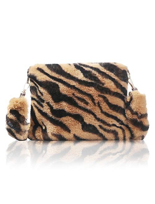 Women Leopard Print Clutch Handbag Plush Faux Fur Tote Bag Soft Warm Shoulder Crossbody Purse