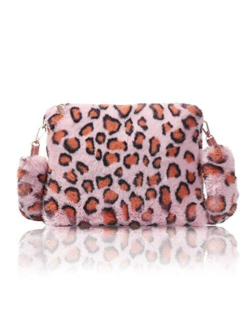 Women Leopard Print Clutch Handbag Plush Faux Fur Tote Bag Soft Warm Shoulder Crossbody Purse