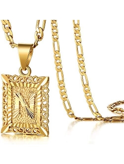 KissYan Initial Letter Pendant Necklace for Mens Womens, 18K Gold Plated Square Capital Monogram Necklace Alhpabets from A-Z Box Figaro Chain Necklace