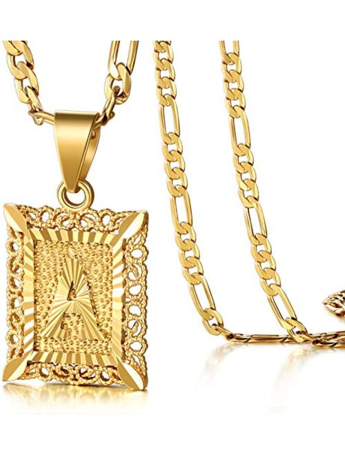 KissYan Initial Letter Pendant Necklace for Mens Womens, 18K Gold Plated Square Capital Monogram Necklace Alhpabets from A-Z Box Figaro Chain Necklace