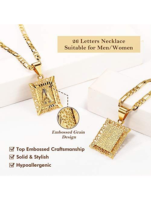 KissYan Initial Letter Pendant Necklace for Mens Womens, 18K Gold Plated Square Capital Monogram Necklace Alhpabets from A-Z Box Figaro Chain Necklace