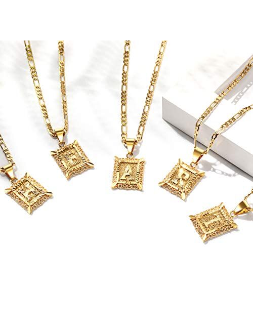 KissYan Initial Letter Pendant Necklace for Mens Womens, 18K Gold Plated Square Capital Monogram Necklace Alhpabets from A-Z Box Figaro Chain Necklace