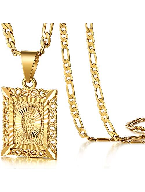 KissYan Initial Letter Pendant Necklace for Mens Womens, 18K Gold Plated Square Capital Monogram Necklace Alhpabets from A-Z Box Figaro Chain Necklace