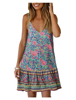 Valphsio Womens Floral Spaghetti Strap Short Dress Boho V Neck Mini Beachwear Dress Sundress