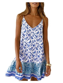 Valphsio Womens Floral Spaghetti Strap Short Dress Boho V Neck Mini Beachwear Dress Sundress