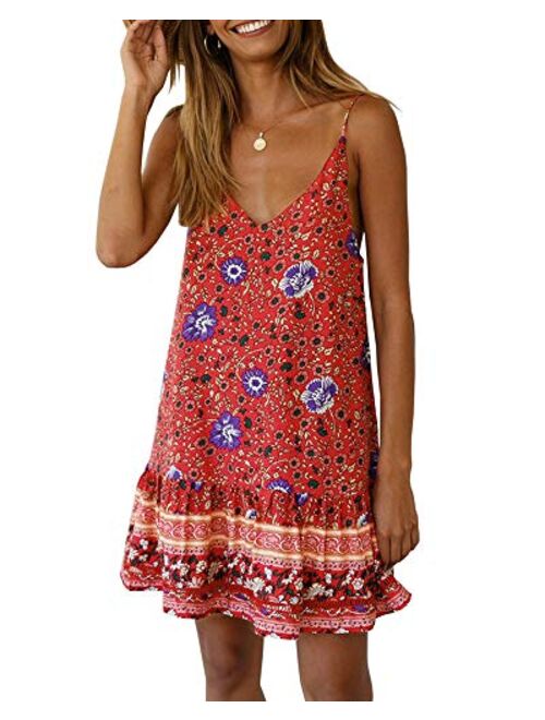 Valphsio Womens Floral Spaghetti Strap Short Dress Boho V Neck Mini Beachwear Dress Sundress