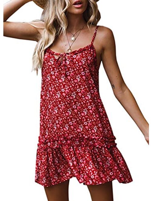 Valphsio Womens Floral Spaghetti Strap Short Dress Boho V Neck Mini Beachwear Dress Sundress