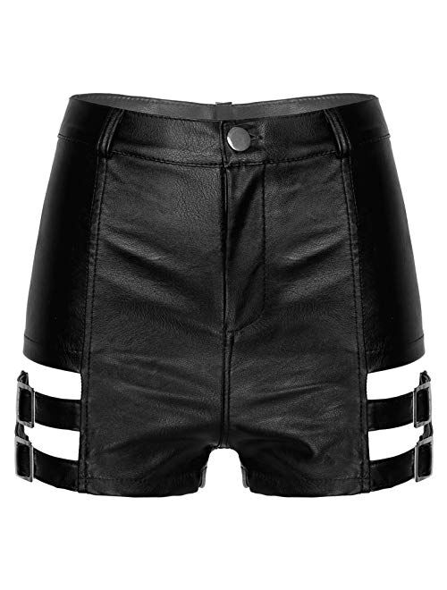 ACSUSS Sexy Women's Shiny Wetlook PVC Leather Hot Shorts Metallic Dance Bottoms