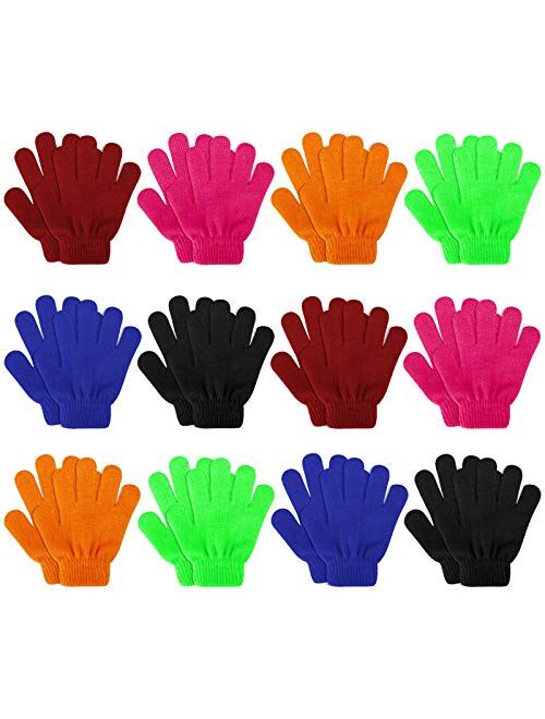 Kids Gloves, 12 Pairs Valentine's Day Winter Knit Gloves Full Finger Stretchy Magic Gloves for Boys and Girls