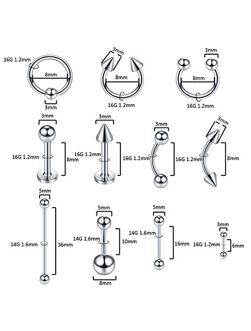 Xpircn 70PCS Piercing Kit Stainless Steel 14G 16G Lip Nose Tongue Tragus Cartilage Daith Eeybrow Belly Button Rings Body Piercing Tools