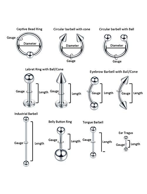 Xpircn 70PCS Piercing Kit Stainless Steel 14G 16G Lip Nose Tongue Tragus Cartilage Daith Eeybrow Belly Button Rings Body Piercing Tools