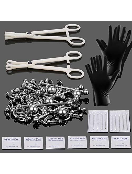 Xpircn 70PCS Piercing Kit Stainless Steel 14G 16G Lip Nose Tongue Tragus Cartilage Daith Eeybrow Belly Button Rings Body Piercing Tools