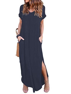 HUSKARY Women's Summer Maxi Dress Casual Loose Pockets Long Dress Short Sleeve Split