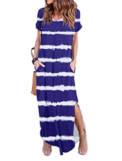 HUSKARY Women's Summer Maxi Dress Casual Loose Pockets Long Dress Short Sleeve Split