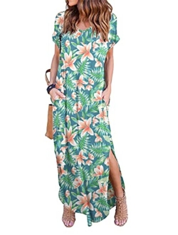 HUSKARY Women's Summer Maxi Dress Casual Loose Pockets Long Dress Short Sleeve Split