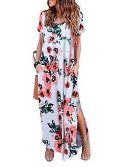 HUSKARY Women's Summer Maxi Dress Casual Loose Pockets Long Dress Short Sleeve Split