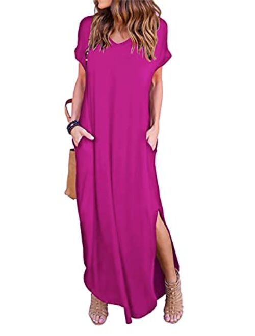 HUSKARY Women's Summer Maxi Dress Casual Loose Pockets Long Dress Short Sleeve Split