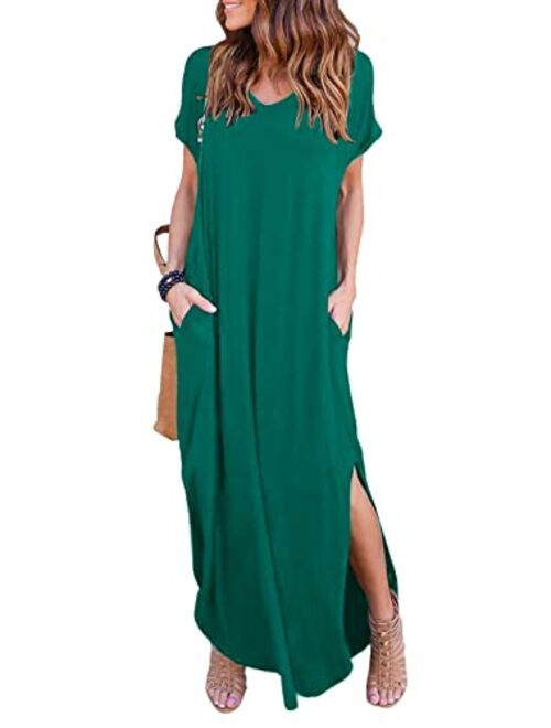 HUSKARY Women's Summer Maxi Dress Casual Loose Pockets Long Dress Short Sleeve Split