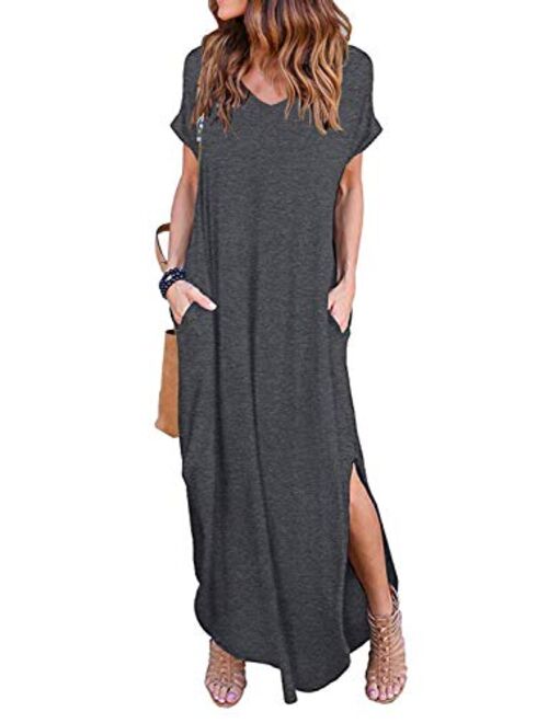 HUSKARY Women's Summer Maxi Dress Casual Loose Pockets Long Dress Short Sleeve Split