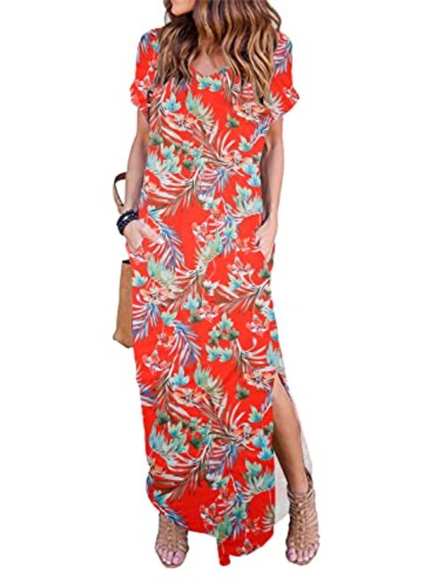 HUSKARY Women's Summer Maxi Dress Casual Loose Pockets Long Dress Short Sleeve Split