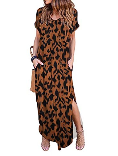 HUSKARY Women's Summer Maxi Dress Casual Loose Pockets Long Dress Short Sleeve Split