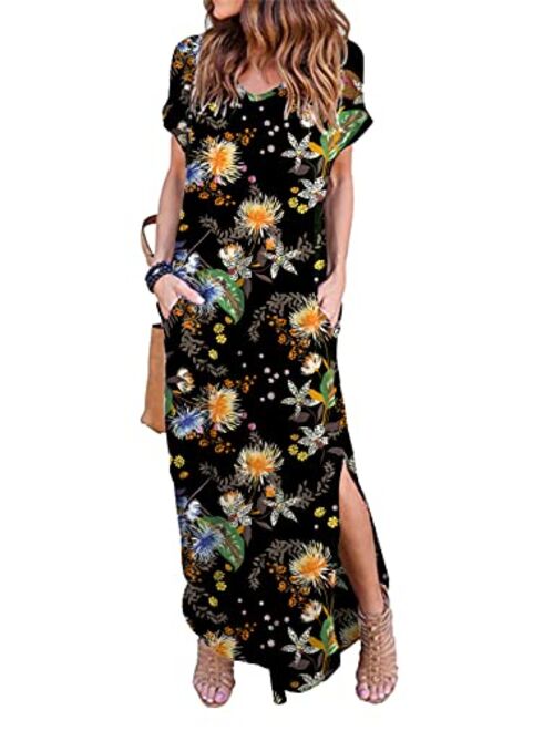 HUSKARY Women's Summer Maxi Dress Casual Loose Pockets Long Dress Short Sleeve Split