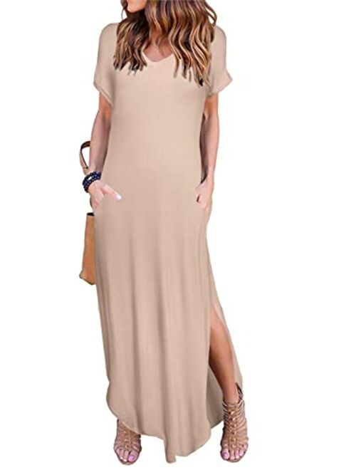 HUSKARY Women's Summer Maxi Dress Casual Loose Pockets Long Dress Short Sleeve Split