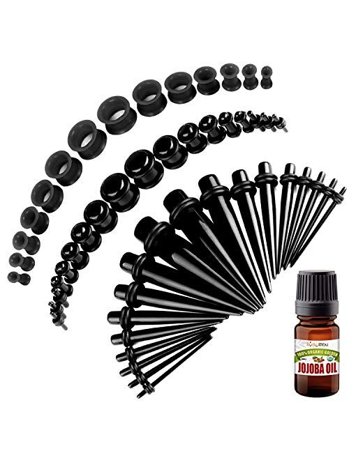 BodyJ4You 50PC Gauges Kit Ear Stretching Aftercare Jojoba Oil Wax 14G-12MM Tunnel Plug Taper Set