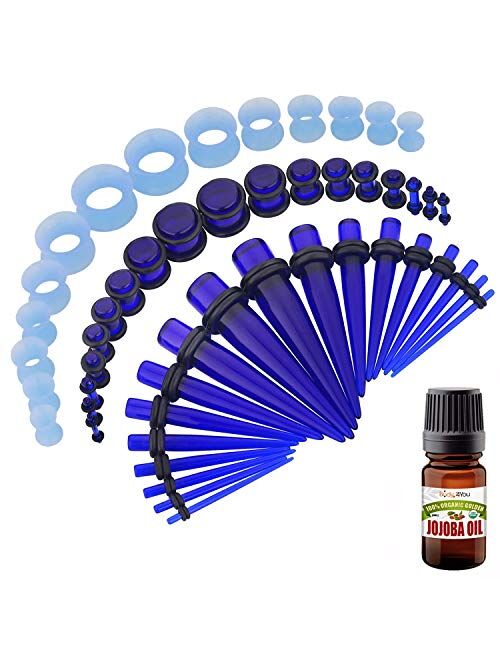 BodyJ4You 50PC Gauges Kit Ear Stretching Aftercare Jojoba Oil Wax 14G-12MM Tunnel Plug Taper Set