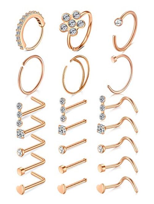 Longita 20g Nose Rings Hoop L Shape Nose Studs Stainless Steel Nose Screw Bone Flat Top Diamond Opal Heart High Nostril Piercing Jewelry Silver Rose Gold Black Pack for W