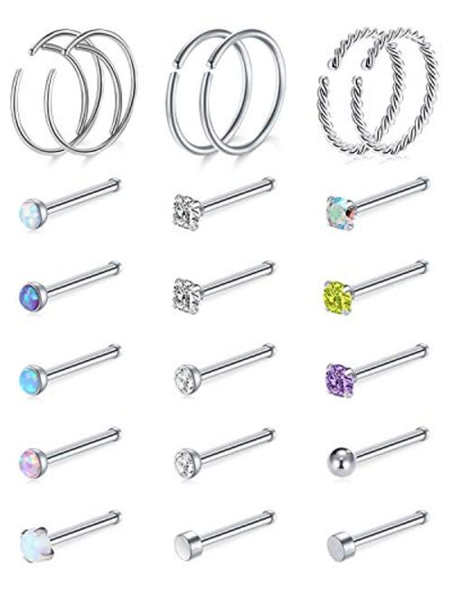 Longita 20g Nose Rings Hoop L Shape Nose Studs Stainless Steel Nose Screw Bone Flat Top Diamond Opal Heart High Nostril Piercing Jewelry Silver Rose Gold Black Pack for W