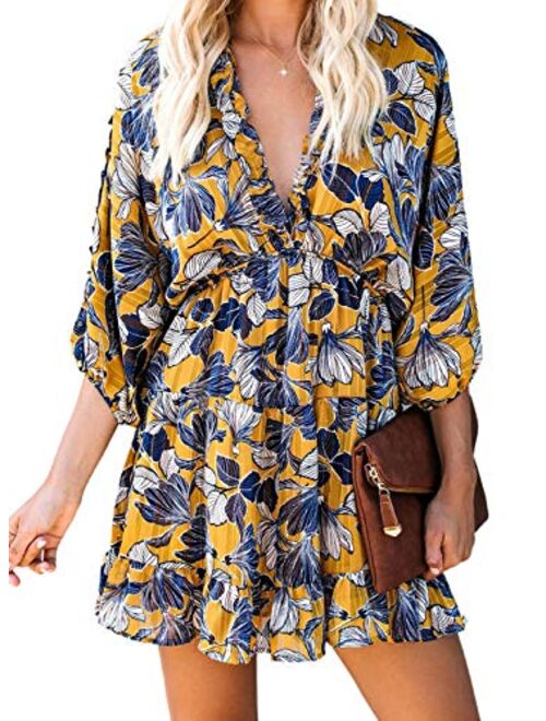 Eytino Women Sexy V Neck Long Sleeve Open Back Printed Mini Short Dresses(S-XL)