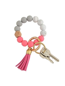 Giftable Portable House Car Keys Ring Holder, Elastic Beaded Silicone Bracelet Bangle Wristlet Keychains W/ Tassel