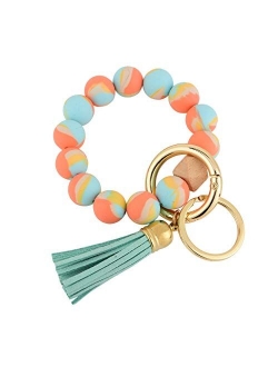 Giftable Portable House Car Keys Ring Holder, Elastic Beaded Silicone Bracelet Bangle Wristlet Keychains W/ Tassel