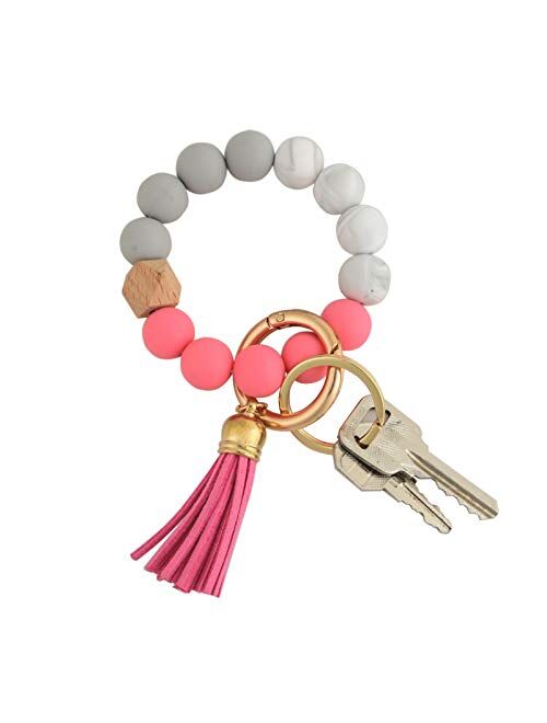 Coolcos Giftable Portable House Car Keys Ring Holder, Elastic Beaded Silicone Bracelet Bangle Wristlet Keychains W/ Tassel