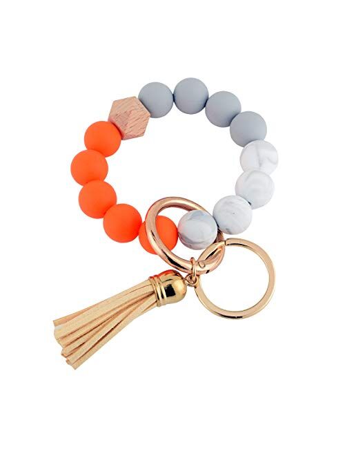 Coolcos Giftable Portable House Car Keys Ring Holder, Elastic Beaded Silicone Bracelet Bangle Wristlet Keychains W/ Tassel