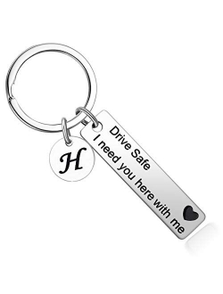 Drive Safe Keychain for Boyfriend Husband with Initial,Drive Safe I Need You Here with Me Keyring,26 Letter Personalized