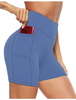 AFITNE Womens High Waist Yoga Shorts with Pockets, Tummy Control Non See -Through Athletic Workout Running Shorts