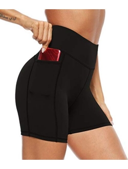 AFITNE Womens High Waist Yoga Shorts with Pockets, Tummy Control Non See -Through Athletic Workout Running Shorts