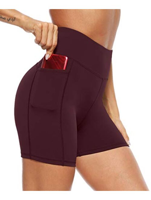 AFITNE Womens High Waist Yoga Shorts with Pockets, Tummy Control Non See -Through Athletic Workout Running Shorts