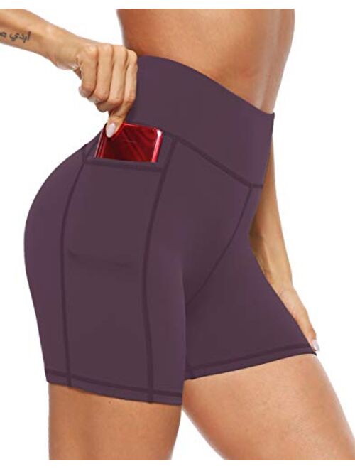 AFITNE Womens High Waist Yoga Shorts with Pockets, Tummy Control Non See -Through Athletic Workout Running Shorts