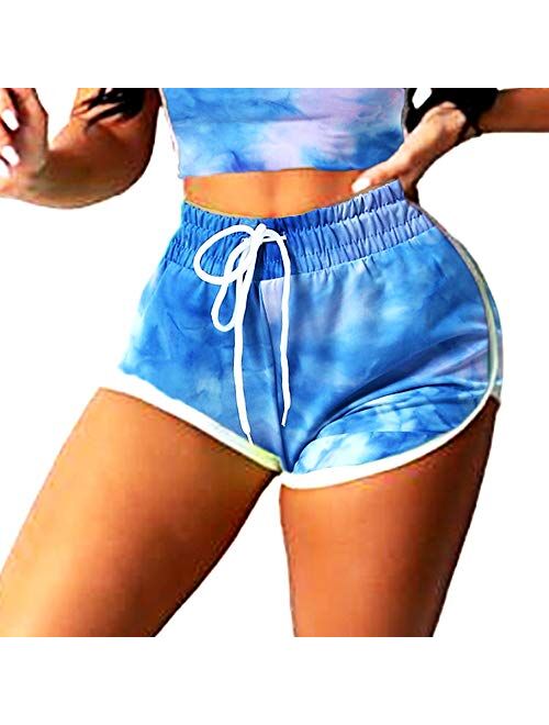 FITNEXX Women's Tie Dye Drawstring Workout Shorts Active Shorts Or Tops Striped Yoga Shorts Fitness Ultra Soft Hot Pants