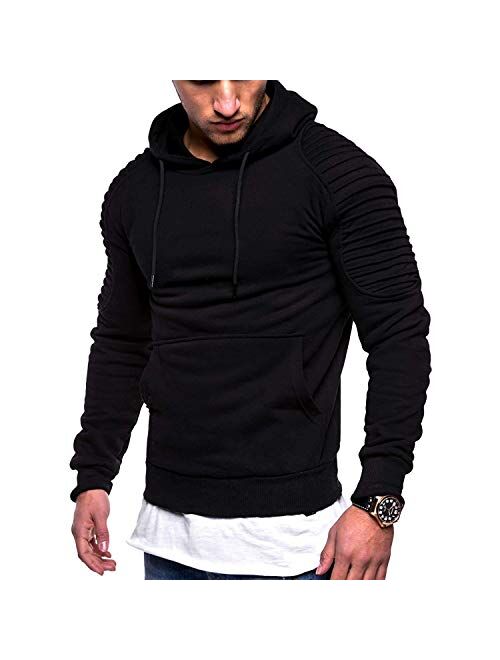 Johoproce Men's Slim Fit Pleated Raglan Sleeve Stripe Hoodies Long Solid Color Sleeve Top Pullover Sweater