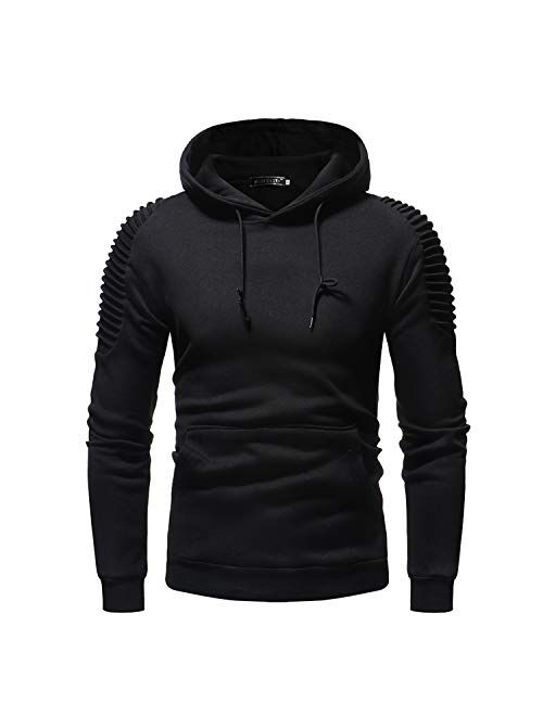 Johoproce Men's Slim Fit Pleated Raglan Sleeve Stripe Hoodies Long Solid Color Sleeve Top Pullover Sweater